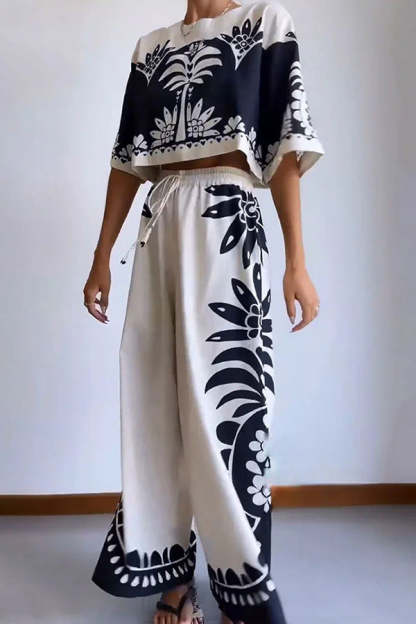 Exotic Holiday Ethnic Print Loose Top and Elastic Waist Wide Leg Pants Set-consonak