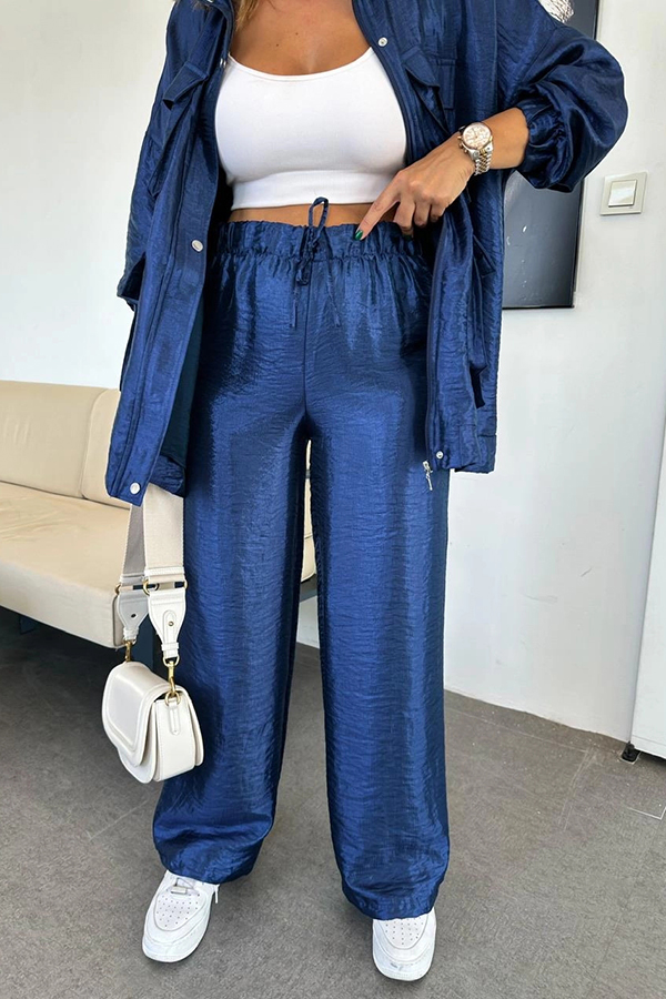 Easy on Me Metallic Fabric Elastic Waist Pocketed Wide Leg Pants | Consonak