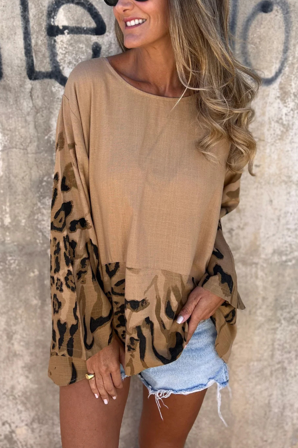Leopard Print Loose-fitting Round Neck Long-sleeved Casual Top-consonak