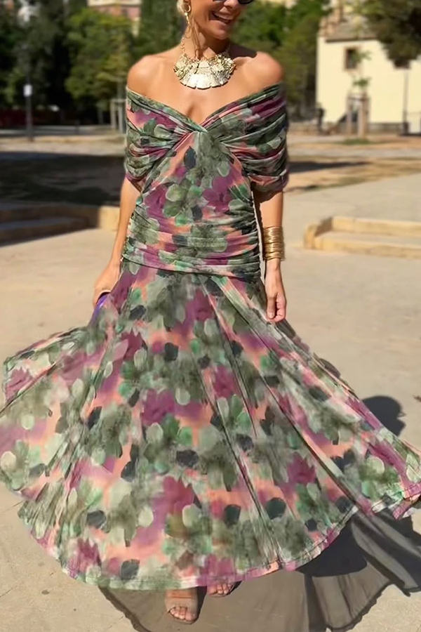 Unique Printed V-Neck Waisted Mesh Holiday Maxi Dress | Consonak