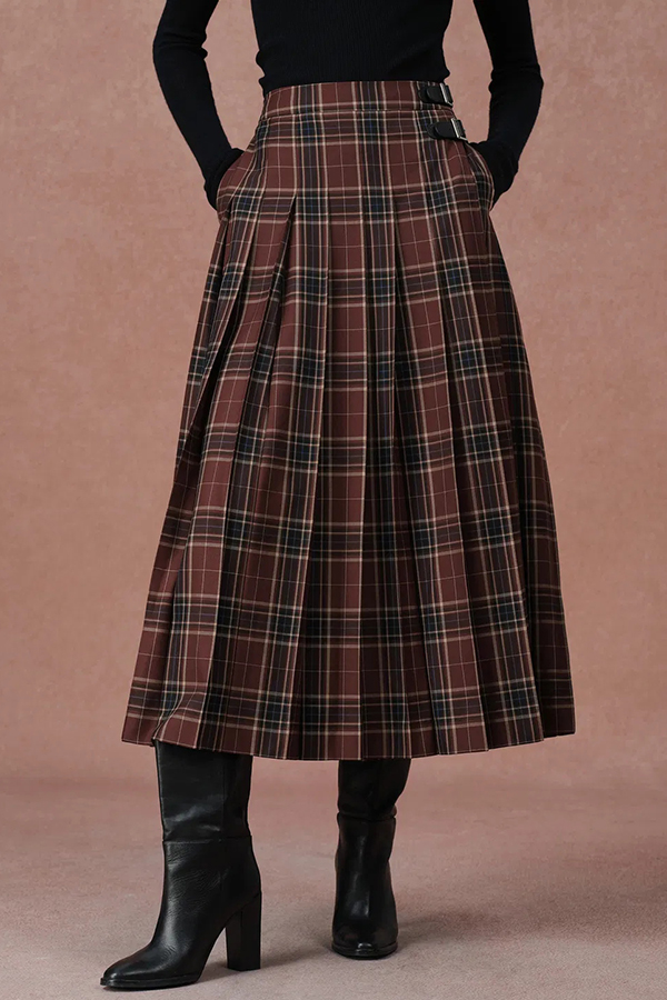 Yehudit Plaid Belt Buckle Design High Rise Pocket Midi Umbrella Skirt-consonak