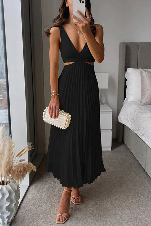Summer Social Stain Pleated Cutout Waist Loose Midi Dress-consonak