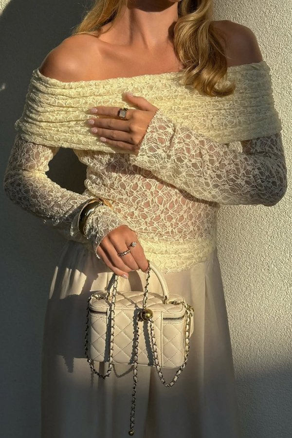 Solid Color Off-shoulder Long-sleeved Elegant Slim-fit Lace Top