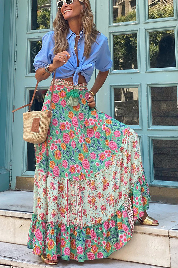 Audrina Bohemian Print Elastic Waist Tassel Maxi Skirt-consonak