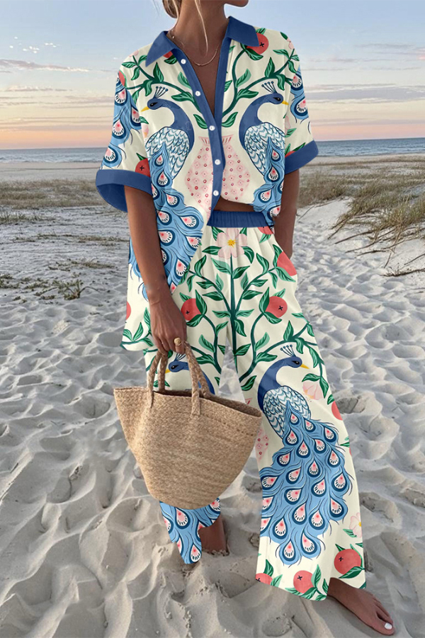 Blue Peacock Print Oversized Shirt and Elastic Waist Pocket Pants Set-consonak