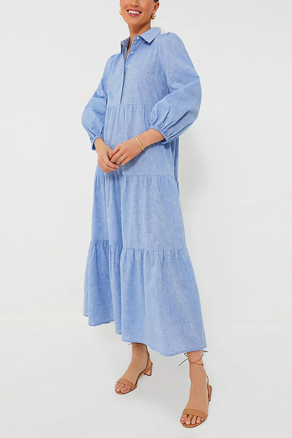 Solid Color Lapel Elastic Cuffs Loose Maxi Dress-consonak