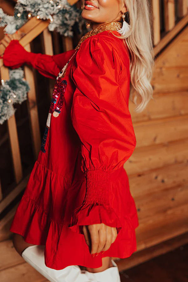 Nutcracker Sequined Button Down Long Sleeve Mini Dress-consonak