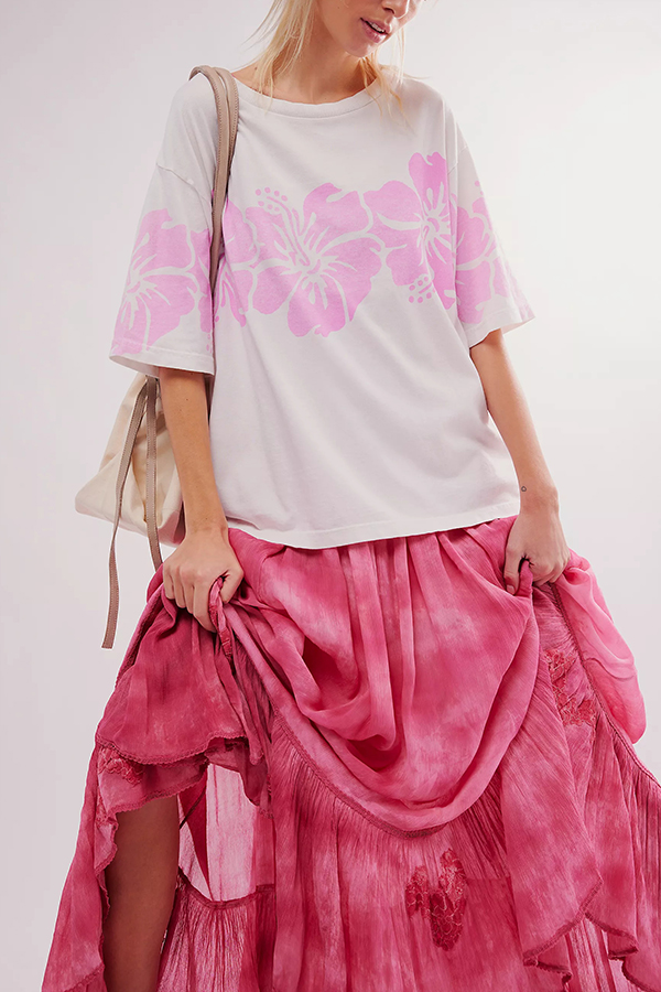 Floral Print Loose Round Neck Short Sleeve T-shirt-consonak