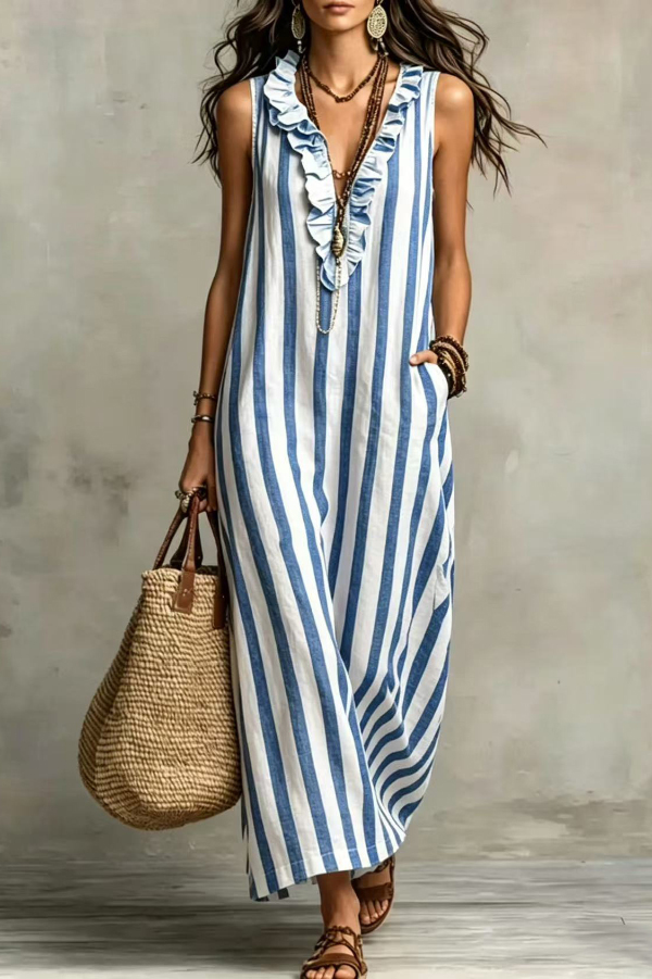 Fashionable Striped Print V-neck Ruffled Sleeveless Pockets Casual Midi Dress | Consonak