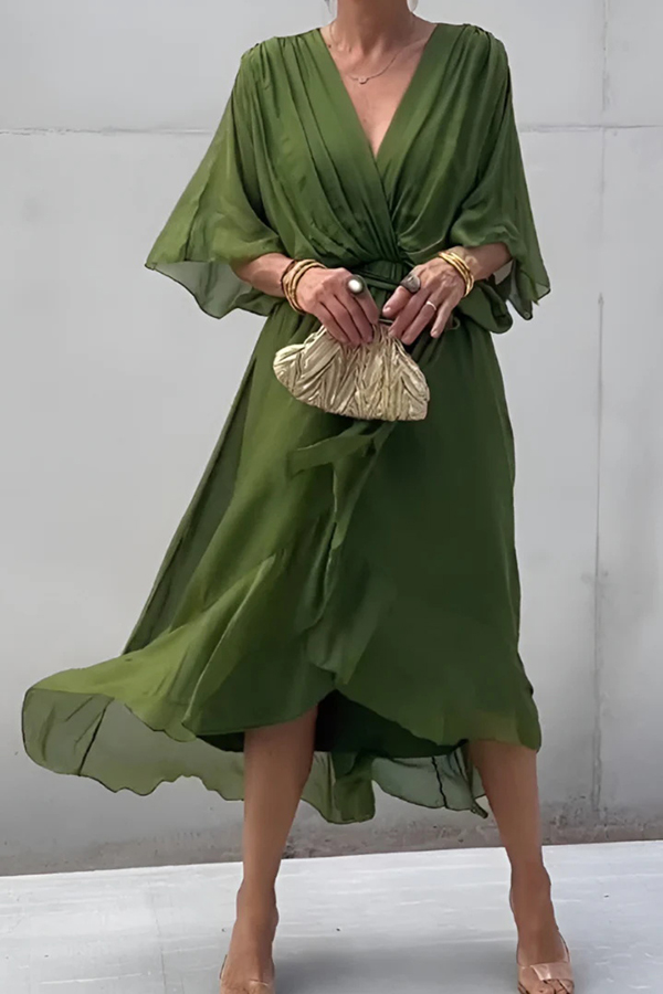 Solid Color V-neck Bat Sleeve Lace-up Irregular Hem Midi Dress | Consonak
