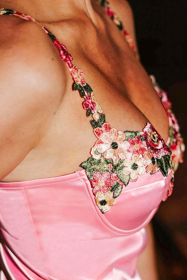 Darlin' Satin Rosette Embroidered Sweetheart Neckline Midi Dress-consonak