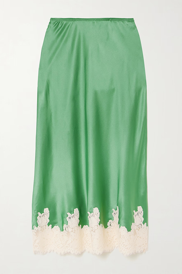 Celebration Look Contrast Color Satin Lace Trim Elastic Waist Drape Midi Skirt | Consonak