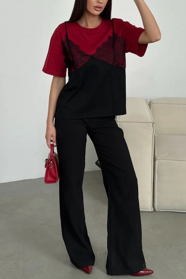 Fashionable Lace Patchwork Loose-fitting Round Neck Short-sleeved T-shirt