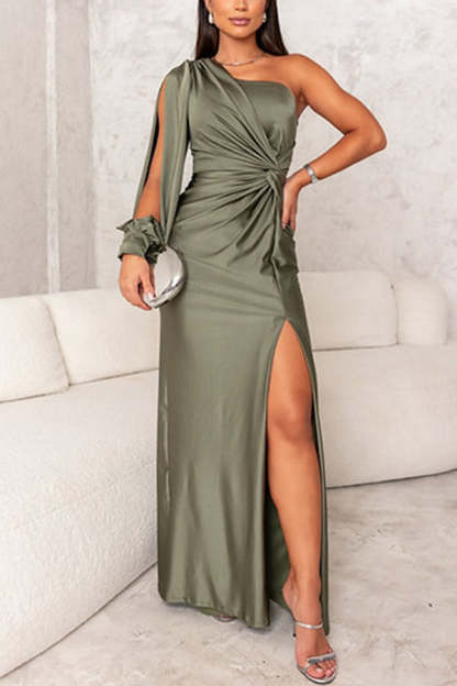 Country Party Charm Satin One Shoulder Twist Detail Slit Maxi Dress-consonak