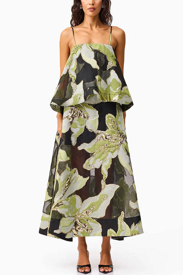 Effortlessly Romantic Floral Print Tiered Slip Square Neck A-line Maxi Dress