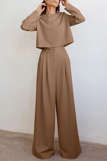 Solid Color Crew Neck Long-sleeved Cropped Top and Casual Pocket Wide-leg Pants Set