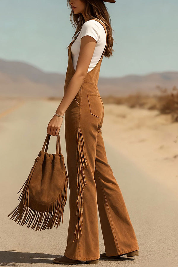 Stylish Suede Tassel Button Pocket Casual Wide-leg Overalls-consonak