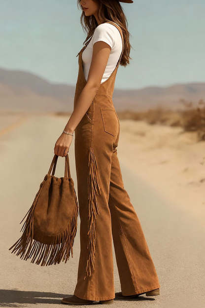 Stylish Suede Tassel Button Pocket Casual Wide-leg Overalls-consonak