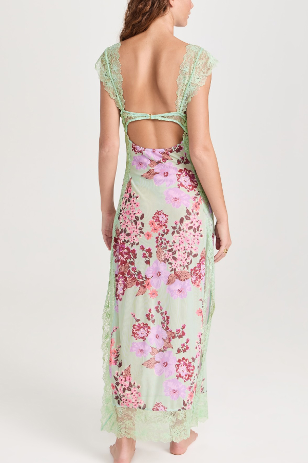 Floral Print Lace Patchwork Hollow-out Slim-fit Midi Dress-consonak