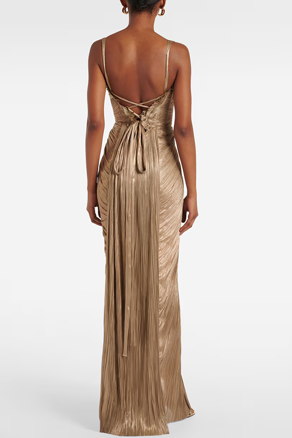 Vegas Queen Metallic Pleated Sculpted Bodice Back Lace-up Drape Maxi Dress | Consonak