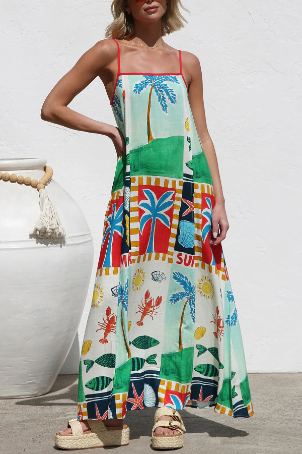 Summer-themed Printed Square Neck Sleeveless Pocket Loose Maxi Dress