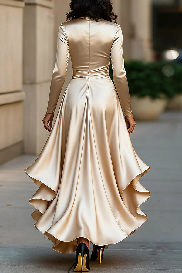 Solid Color Satin V-neck Long-sleeved Elegant Ruffled Maxi Dress | Consonak