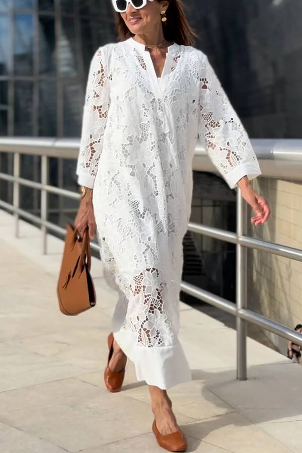 Confidence and Adventure Flower Lace V-neck Bell Sleeve Loose Midi Dress-consonak