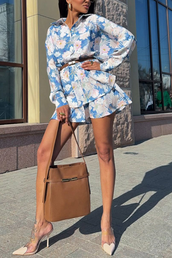 Botanical Print Collared Long-sleeved Loose-fitting Shirt and Elastic Waist Casual Shorts Set-Consonak