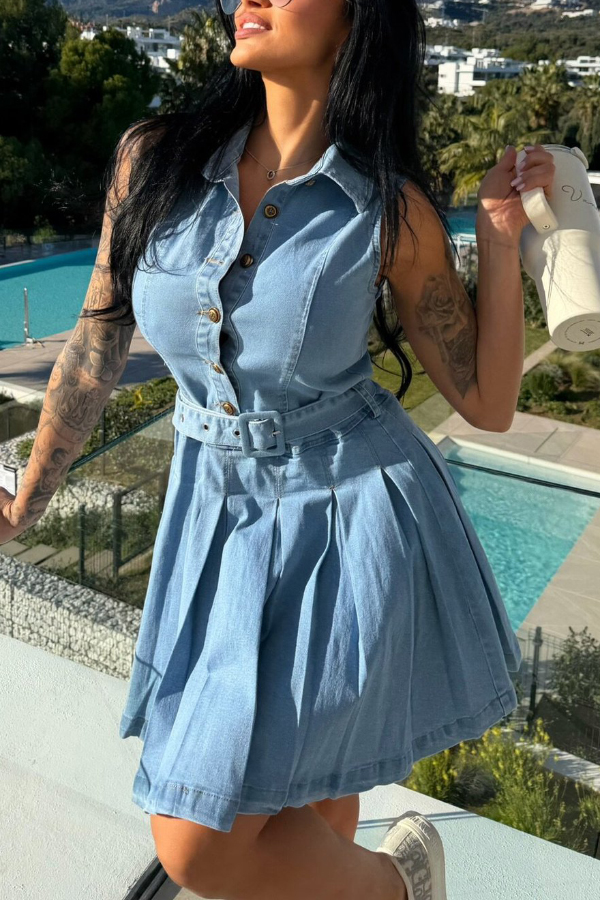 Stylish Collared Sleeveless Button-down Belted Casual Denim Mini Dress