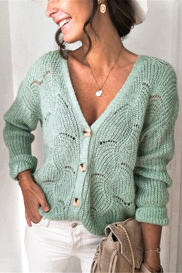Fashionable V-neck Long-sleeved Knitted Sweater Cardigan-consonak