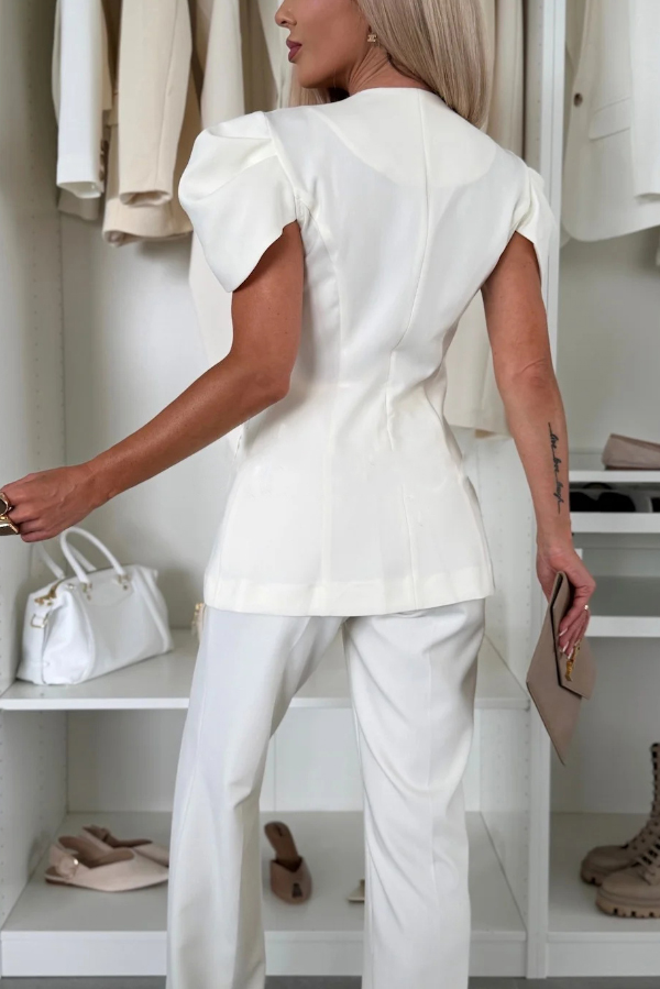 Terra Solid Color V-neck Button Puff Sleeve Blazer and Casual Pocket Straight-leg Pant Set