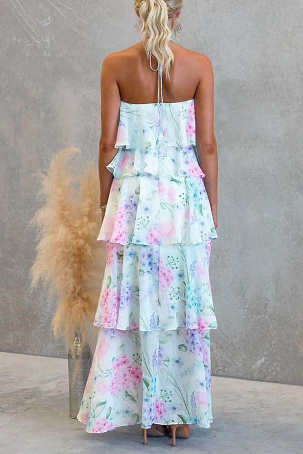 Poetic Eden Chiffon Floral Print Tiered Ruffles Halter A-line Maxi Dress | Consonak