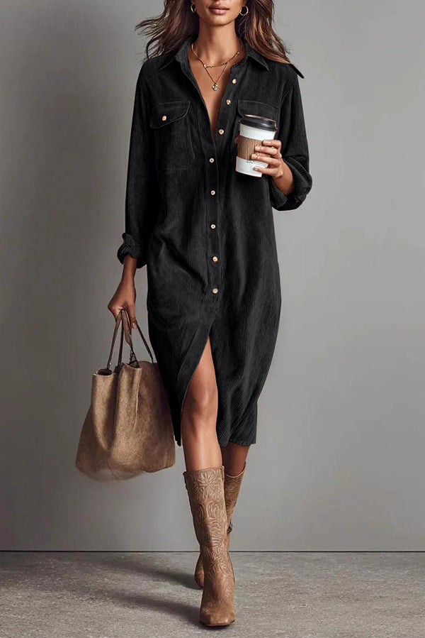 Solid Color Single-Breasted Pocket Casual Shirt-Style Midi Dress-consonak