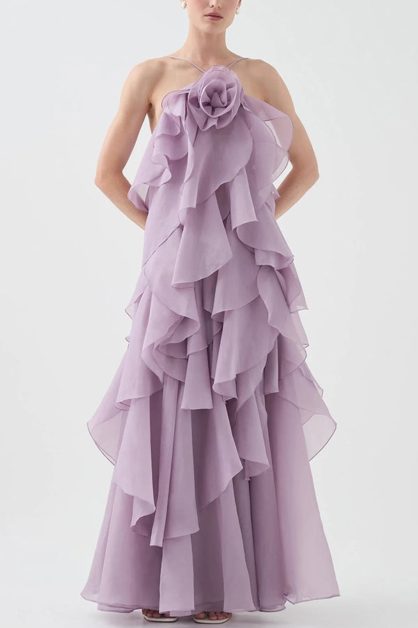Free - Flowing Rose Detail Tiered Ruffles Halter A-line Maxi Dress | Consonak