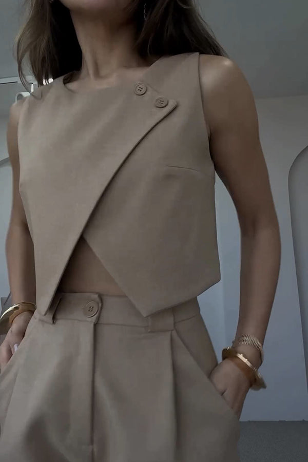 Balvin Linen Blend Cross Button Neck Crop Vest and High Rise Pocketed Pants Set-consonak