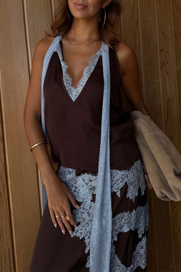 Sunday Social Contrast Color Satin Lace Trim Neck Strap Loose Tank-consonak