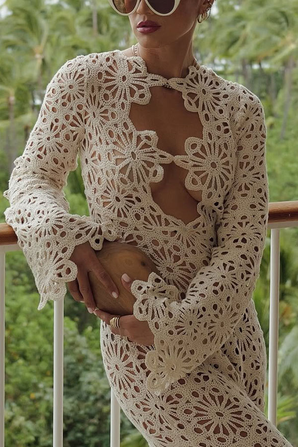 Easy Resort Knit Crochet Cutout Long Sleeve Reversible Vacation Maxi Dress
