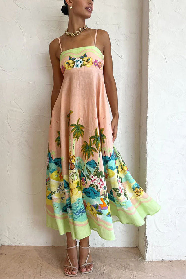 Coconut Scenery Linen Blend Tropical Print Smocked Back Midi Dress | Consonak