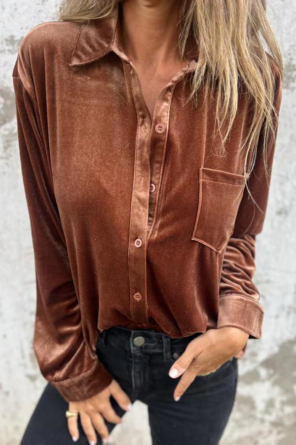 Solid Velvet Long-sleeved Single-breasted Loose Pocket Shirt-consonak