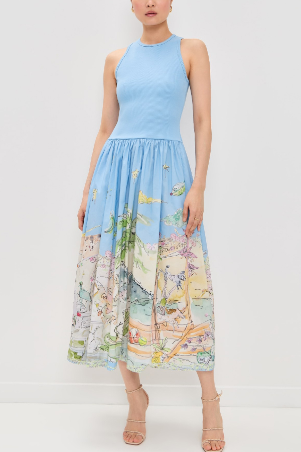 Ink Wash Print Round Neck Sleeveless Resort-style Midi Dress-consonak