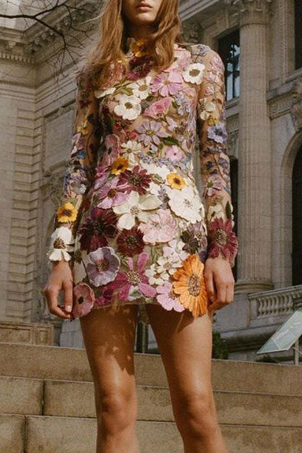 Elegantly Enchanted Floral Applique Backless Long Sleeve Mini Dress-consonak