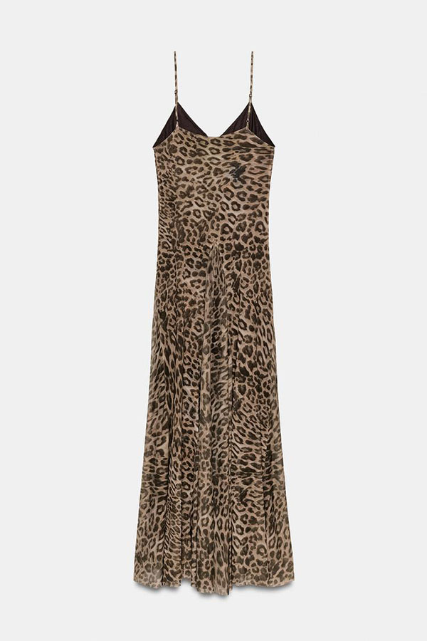 Jaycie Tulle Leopard Print V-neck Pleated A-line Hem Slip Maxi Dress