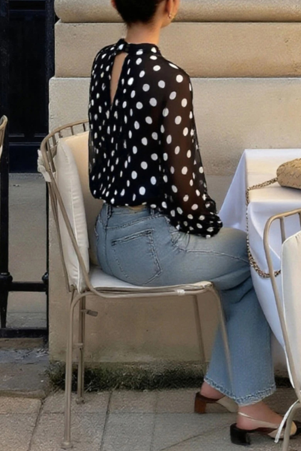 Polka Dot Print Tie-waist Lantern Sleeve Elegant Loose Shirt-consonak