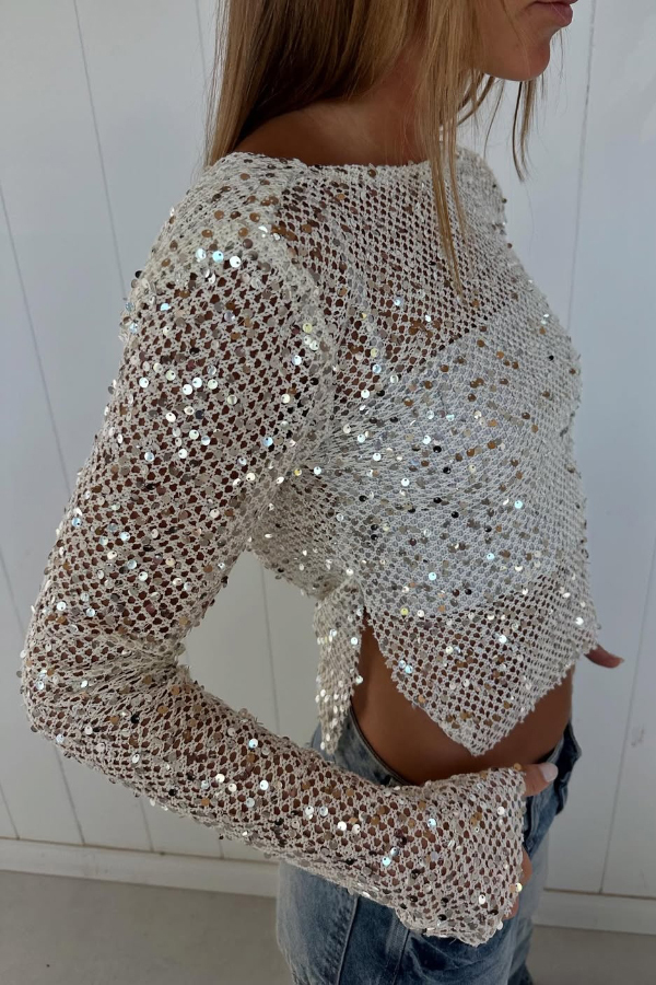 Fashionable Sequined Fishnet Casual Long-sleeved Top-consonak