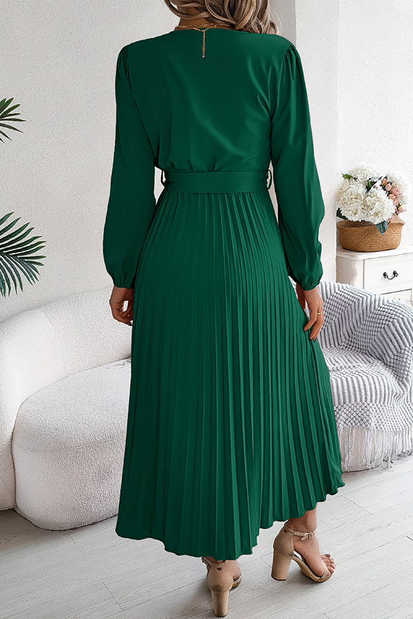 Solid Color Elegant V-neck Buttoned Lace-up Pleated Maxi Dress-consonak