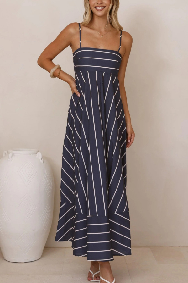 Striped Print Square Neck Spaghetti Strap High Waist Casual Maxi Dress