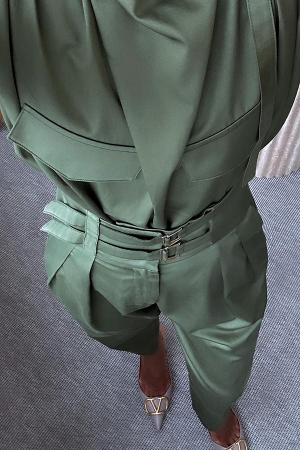 Statement Breast Pocket High Neck Top and Side Pocket Belt Long Pant Set-consonak