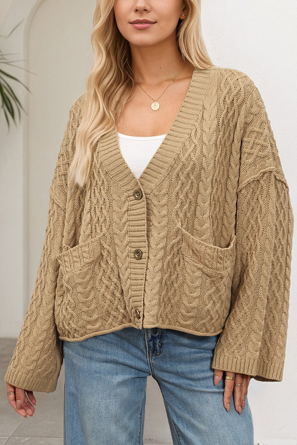 Solid Color Loose V-neck Long-sleeved Casual Pocket Knitted Cardigan-consonak