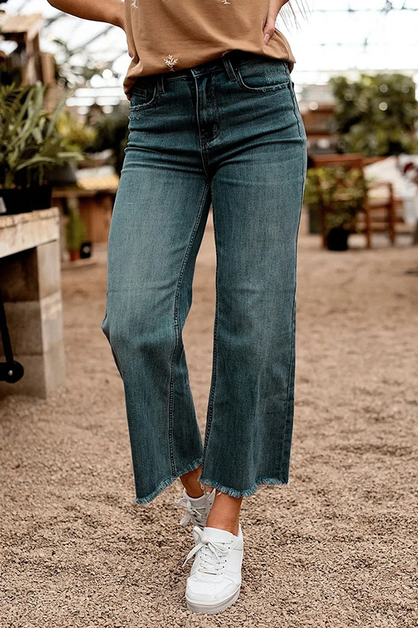 Stylish Raw-edge Mid-rise Pocket Stretch Straight-leg Jeans-consonak