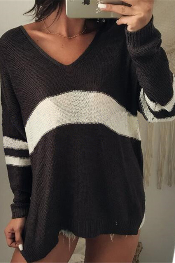 Fashionable Patchwork V-neck Long-sleeved Knitted Sweater-consonak